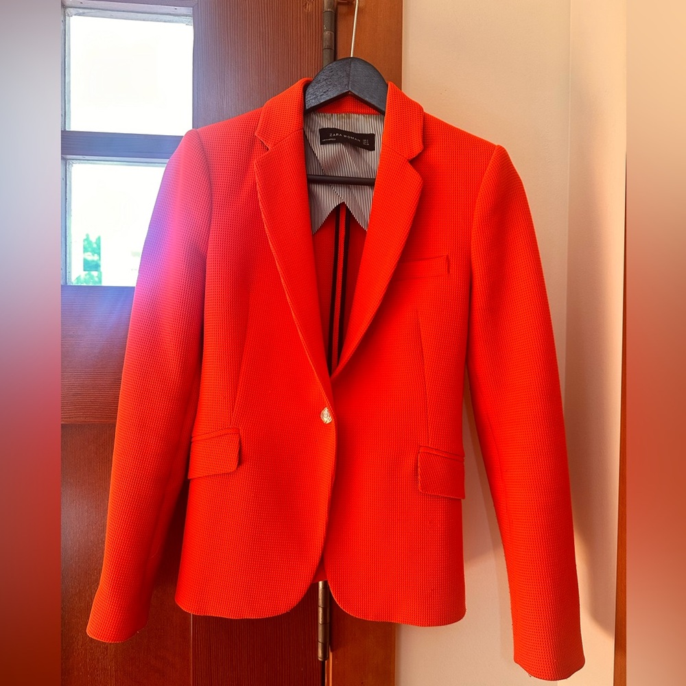 Zara  Waffle orange jacket with navy and white piping lining with gold buttons